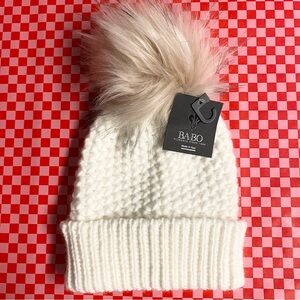 NWT Babo Cream Faux Fur Pom Beanie Hat
